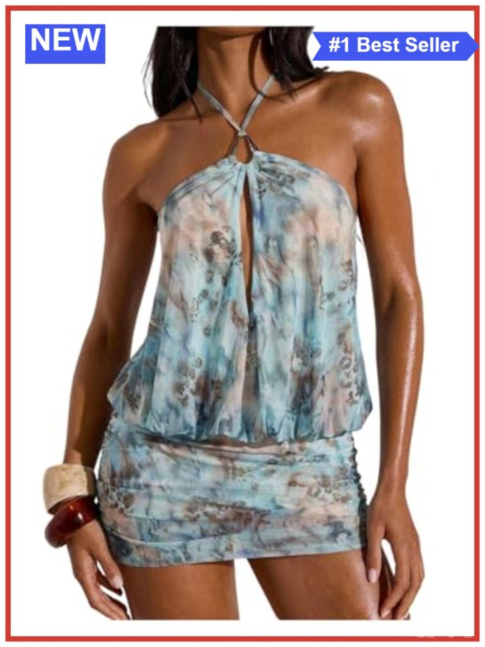 Tie Dye Halter Bodycon Mini Dress Sleeveless Backless Ruched